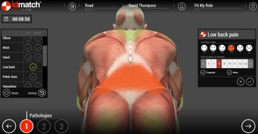 Image shows back of rider with various levels of pain ontop of a muscular skeleton.